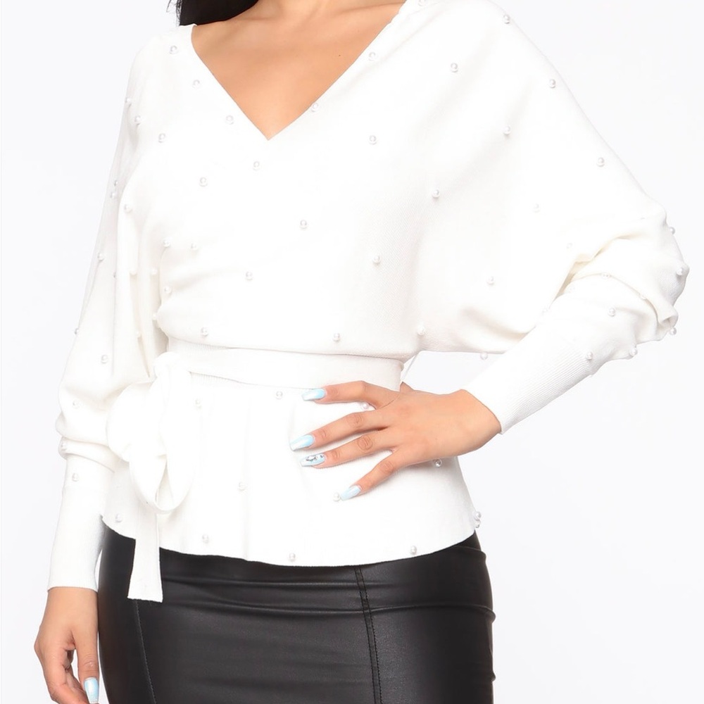 Fashion Nova White Blouse with Pearl Accents